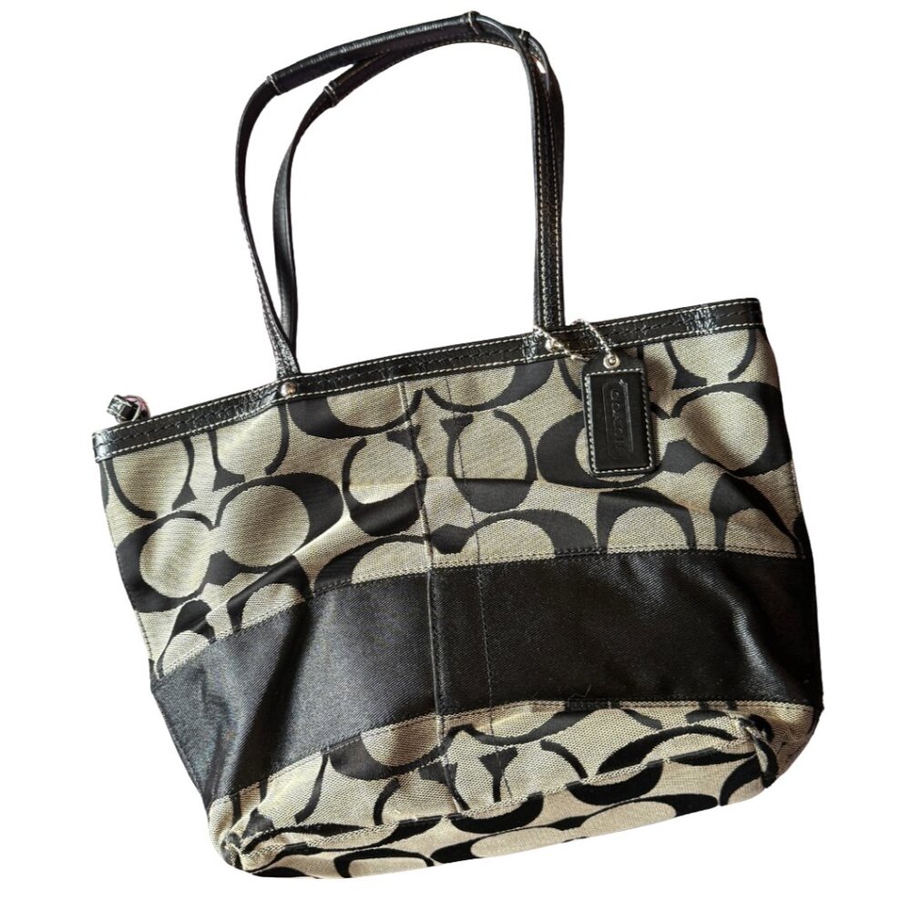 Vintage Y2K Coach F13548 Signature Stripe Monogram Black Tote Bag